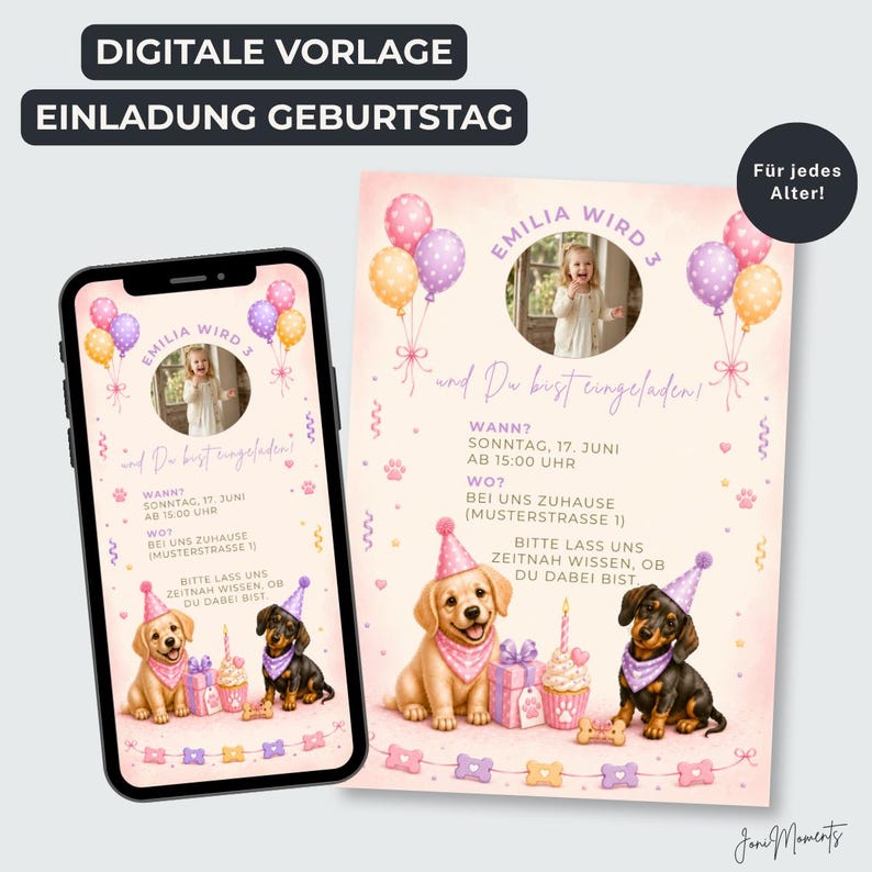 Peut inclure: Un mod&egrave;le d'invitation d'anniversaire num&eacute;rique affich&eacute; sur un smartphone et en version imprim&eacute;e. Le design pr&eacute;sente la photo d'un enfant, des ballons color&eacute;s et deux chiots portant des chapeaux de f&ecirc;te. Le texte inclut 'EMILIA WIRD 3' et des d&eacute;tails.