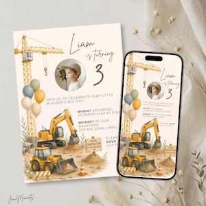 May include: A birthday invitation card and a smartphone displaying the same design. The invitation features a yellow construction crane, excavators, balloons, and a photo of a child. Text reads: Liam is turning 3, Join us to celebrate our little builder's big day, When? Saturday, October 14th at 3:00 PM, Where? At our backyard (123 Dig Zone Lane), Please RSVP by Oct 1st.