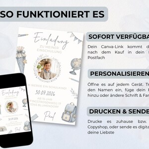 Pu&ograve; includere: Un design di invito digitale per il primo giorno di scuola di un bambino, con una foto, illustrazioni a tema scolastico e il testo "Einladung zu meiner Einschulung". Il design &egrave; visualizzato su uno smartphone e una scheda stampata.