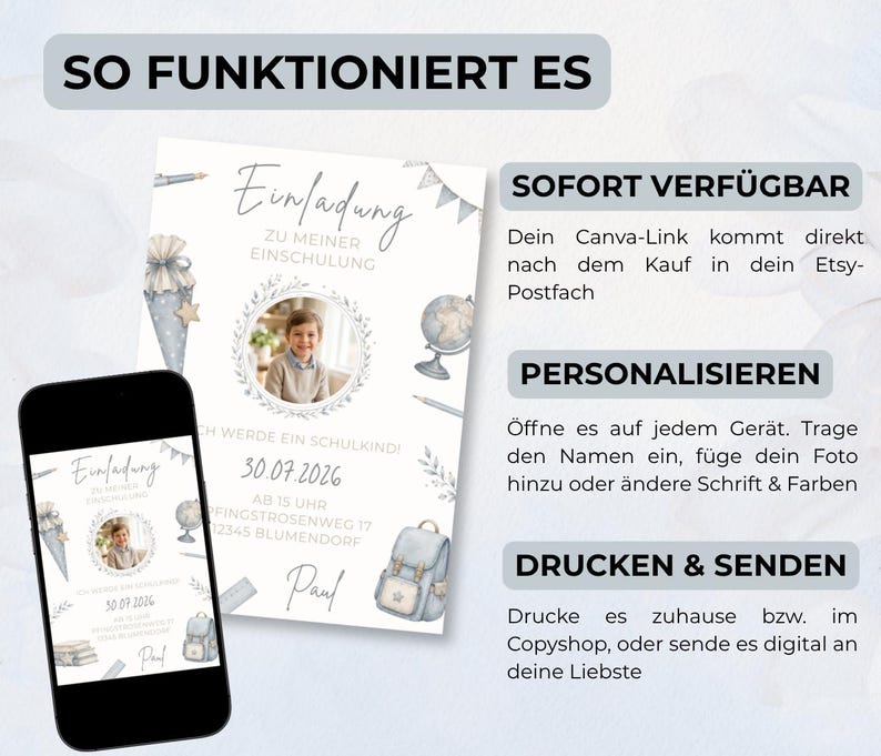 Pu&ograve; includere: Un design di invito digitale per il primo giorno di scuola di un bambino, con una foto, illustrazioni a tema scolastico e il testo "Einladung zu meiner Einschulung". Il design &egrave; visualizzato su uno smartphone e una scheda stampata.