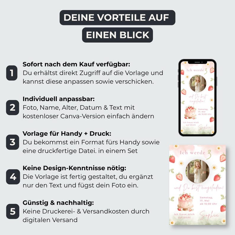 Erdbeere Party Einladung Mädchen mit Foto, Druckbare Geburtstag Einladung Gänseblümchen, Canva Vorlage, Sofort Download image 8
