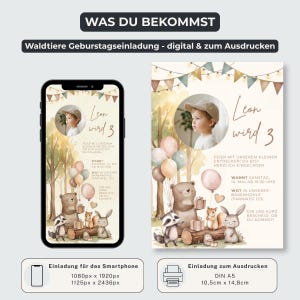 Op de afbeelding: Een digitale en printbare verjaardagsuitnodiging met bosthema, aquarelillustraties van een beer, wasbeer, eekhoorn en konijn, ballonnen en vlaggetjes. Het ontwerp bevat een cirkelvormig fotokader en de tekst Leon wordt 3.