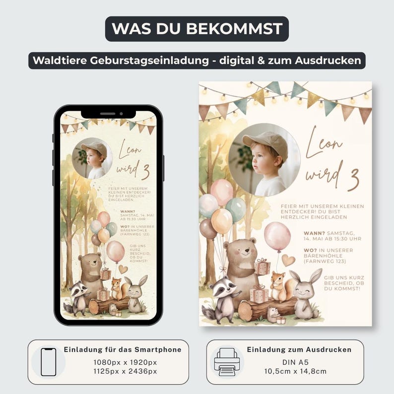 Op de afbeelding: Een digitale en printbare verjaardagsuitnodiging met bosthema, aquarelillustraties van een beer, wasbeer, eekhoorn en konijn, ballonnen en vlaggetjes. Het ontwerp bevat een cirkelvormig fotokader en de tekst Leon wordt 3.