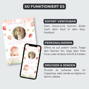 May include: A digital invitation template featuring a strawberry and daisy theme with a photo placeholder, a birthday cake illustration, and the German text "Ich werde 3 und Du bist eingeladen!" displayed on a printed card and a smartphone screen.