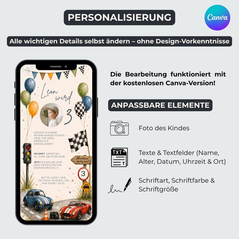 Pu&ograve; includere: Un modello di invito digitale visualizzato su uno smartphone con tema auto da corsa, palloncini, bandiera a scacchi, semaforo e due macchinine. Il design include segnaposto per la foto di un bambino, nome, et&agrave; e dettagli dell'evento.