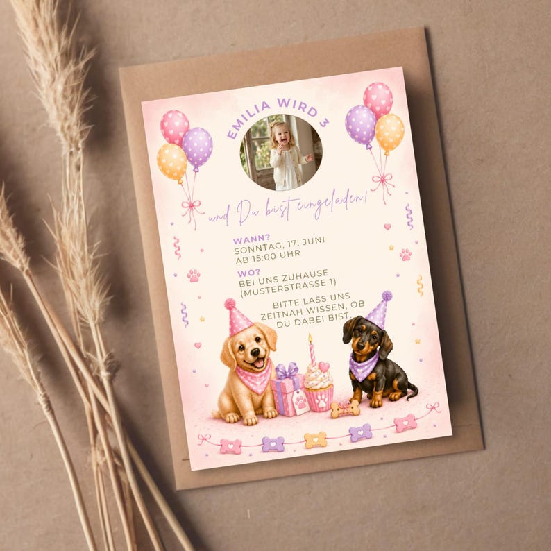Peut inclure: Une carte d'invitation d'anniversaire rectangulaire avec une photo circulaire d'un enfant, des ballons color&eacute;s et des illustrations d'un chiot golden retriever et d'un teckel portant des chapeaux de f&ecirc;te. Le texte d&eacute;taille une f&ecirc;te de trois ans.