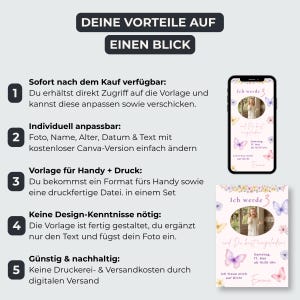 May include: A digital invitation template infographic featuring five numbered points in German, showcasing a smartphone display and a printable card design. Both designs feature a central circular photo frame, pastel butterfly illustrations, and floral accents.
