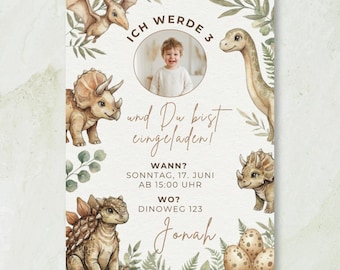 Dino Geburtstag Einladung Junge mit Foto, Boho Dinosaurier Party Einladungskarte, Canva Vorlage WhatsApp, Sofort Download