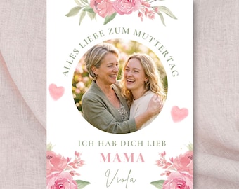 Personalisierte Muttertagskarte mit Foto, Blumen Karte für Mama, Bearbeitbare Vorlage, Sofort Download