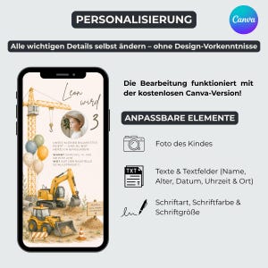 May include: A digital invitation design on a smartphone screen. The invitation features a watercolor illustration of construction vehicles, a crane, and balloons. The text includes the name "Leon" and the number "3". The design is customizable.