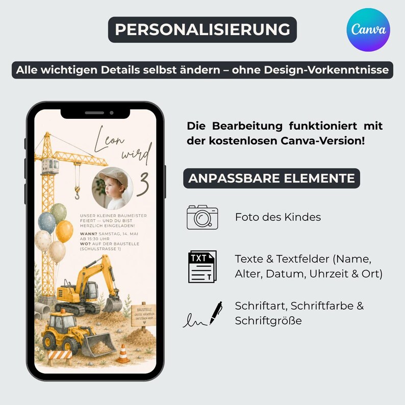 May include: A digital invitation design on a smartphone screen. The invitation features a watercolor illustration of construction vehicles, a crane, and balloons. The text includes the name "Leon" and the number "3". The design is customizable.