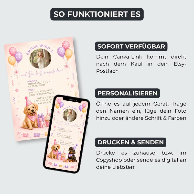 Hund Einladung Kindergeburtstag, Rosa Pastell Hunde Party, Geburtstagseinladung mit Foto, Canva Vorlage editierbar, Sofort Download image 4