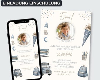 Può includere: Un modello di invito digitale per una festa di inizio scuola con la foto di un bambino di nome Emil, uno scuolabus blu, zaino, matite e libri. Il testo riporta Emil, WIRD SCHULKIND, 30.07.2026, e i dettagli sul luogo e l'orario dell'evento.