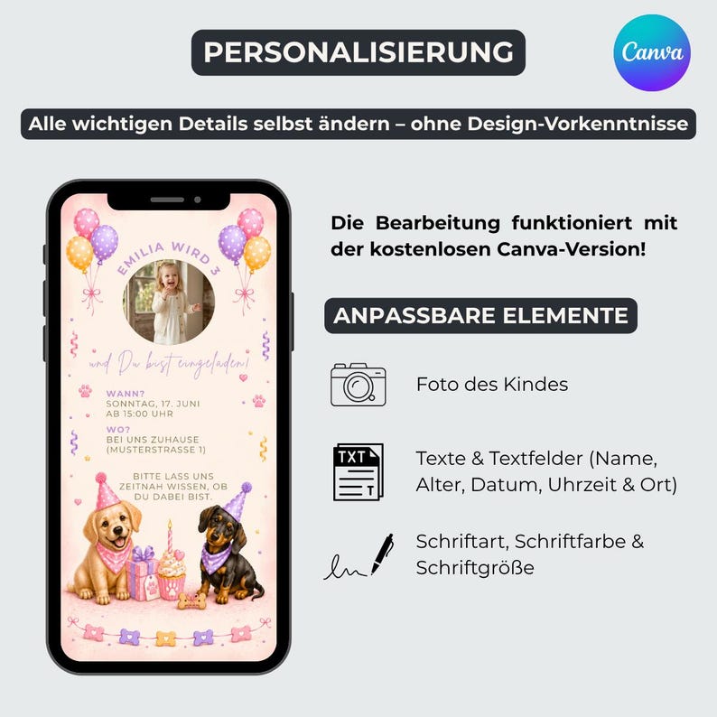 Peut inclure: Un smartphone affichant un mod&egrave;le d'invitation d'anniversaire num&eacute;rique personnalisable avec un cadre photo circulaire, des ballons color&eacute;s et des illustrations de deux chiots portant des chapeaux de f&ecirc;te, incluant des champs de texte.