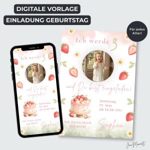 Erdbeere Party Einladung Mädchen mit Foto, Druckbare Geburtstag Einladung Gänseblümchen, Canva Vorlage, Sofort Download image 1