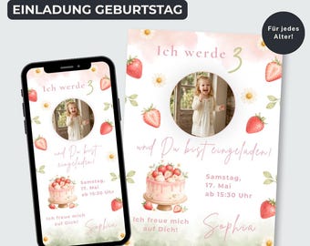 Erdbeere Party Einladung Mädchen mit Foto, Druckbare Geburtstag Einladung Gänseblümchen, Canva Vorlage, Sofort Download