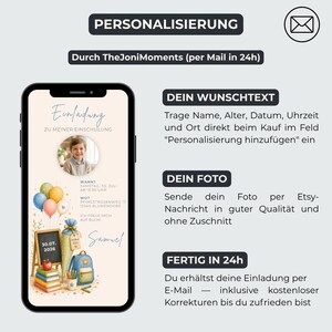 Puede incluir: Una plantilla de invitaci&oacute;n digital en la pantalla de un tel&eacute;fono inteligente con la foto de un ni&ntilde;o, globos coloridos, una pizarra, un cono escolar y libros. El texto incluye 'Einladung', 'ZU MEINER EINSCHULUNG', 'SAMSTAG', '30. JULI', 'PFINGSTROSENWEG 17' y 'Samuel'.