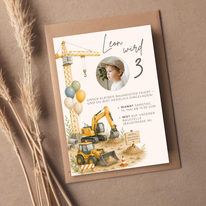 May include: A birthday invitation featuring a watercolor illustration of construction vehicles, including a crane, excavator, and front-end loader. The invitation includes a photo of a child and the text "Leon wird 3". The invitation is on a cream background.