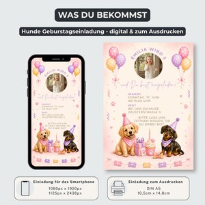 Peut inclure: Un mod&egrave;le d'invitation d'anniversaire num&eacute;rique avec la photo d'un enfant, des ballons et deux chiots portant des chapeaux de f&ecirc;te. Le texte inclut WAS DU BEKOMMST, Hunde Geburtstagseinladung et des d&eacute;tails en allemand. Formats mobile et papier.