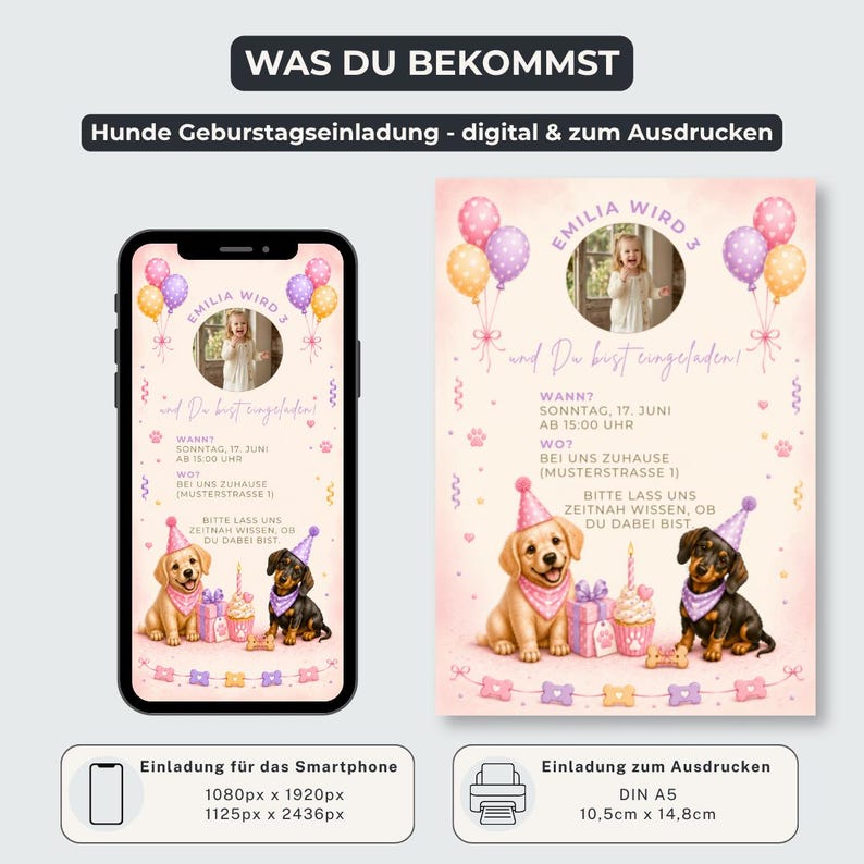 Peut inclure: Un mod&egrave;le d'invitation d'anniversaire num&eacute;rique avec la photo d'un enfant, des ballons et deux chiots portant des chapeaux de f&ecirc;te. Le texte inclut WAS DU BEKOMMST, Hunde Geburtstagseinladung et des d&eacute;tails en allemand. Formats mobile et papier.