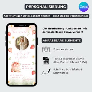 May include: A smartphone screen displays a digital birthday invitation template featuring strawberry and daisy illustrations, a circular photo frame, and German text. The right side lists customizable elements including photo, text fields, font style, color, and size.