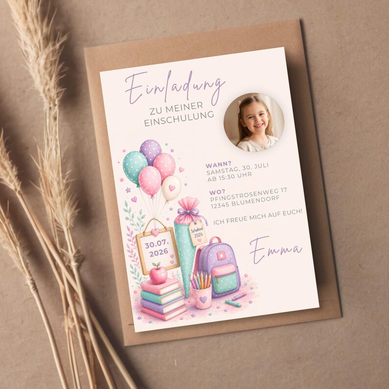 May include: A rectangular invitation card featuring the text Einladung zu meiner Einschulung, a circular photo of a child, and illustrations of balloons, a school cone, a backpack, books, and an apple. The card includes event details and the name Emma.