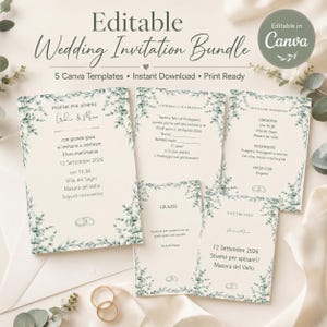 Può includere: Un set di partecipazioni di nozze modificabile con cinque modelli su sfondo color crema e bordi di foglie di eucalipto verdi. Il testo include i dettagli per la cerimonia, il ricevimento, l'RSVP e il save the date, con un logo Canva circolare.