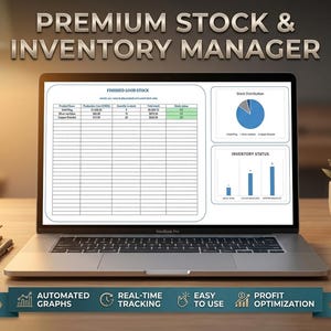 Può includere: Uno schermo di un portatile che mostra un foglio di calcolo Premium Stock & Inventory Manager con colonne per nome prodotto, costo di produzione, quantità, stock totale e stato, includendo un grafico a torta e un grafico a barre dello stato inventario.