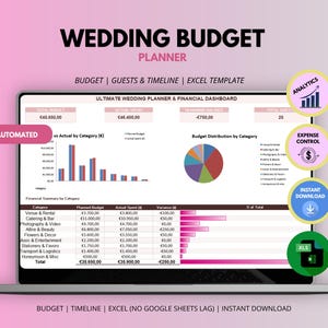 Può includere: Un pianificatore di budget per matrimoni digitale visualizzato sullo schermo di un portatile, con un modello Excel che include dashboard finanziarie, grafici a barre, grafici a torta e tabelle delle spese con etichette di testo.