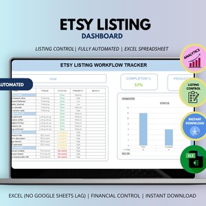Può includere: Una dashboard per le inserzioni Etsy visualizzata su uno schermo di un portatile, con un tracker del flusso di lavoro in foglio di calcolo Excel automatizzato, elenchi di attività, colonne di stato e un grafico a barre. Icone circolari a destra.