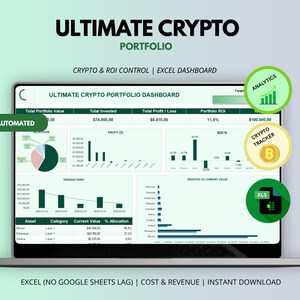 May include: A laptop screen displaying an Ultimate Crypto Portfolio Excel dashboard with green and white charts, tables, and financial data. Text includes "FULLY AUTOMATED," "ANALYTICS," "CRYPTO TRACKER," and "XLS" icons on the side.