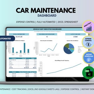 Può includere: Un cruscotto digitale per la manutenzione dei veicoli visualizzato su uno schermo di un portatile, con un pannello esecutivo della flotta che include grafici a barre, linee e un grafico a torta per il controllo delle spese su Excel.