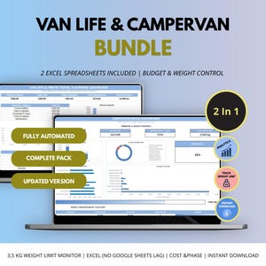 May include: A digital bundle featuring two Excel spreadsheets for van life and campervan management. The screens display a travel and expense dashboard and a build dashboard with financial and weight tracking data, including charts and tables.