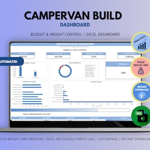 May include: A digital Campervan Build Dashboard displayed on a laptop screen, featuring financial and weight tracking tools. The interface includes charts, budget breakdowns, and progress bars. Text includes "FULLY AUTOMATED," "ANALYTICS," and "XLS."