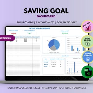 Può includere: Uno schermo di un portatile che mostra un foglio di calcolo Excel per il monitoraggio degli obiettivi di risparmio con tabelle, un grafico a torta e grafici a barre. L'interfaccia include etichette come Total Remaining, Average Progress e Goal Status.