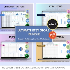Può includere: Un pacchetto digitale con quattro schermi di computer che mostrano dashboard per la gestione di negozi Etsy. Il testo recita Ultimate Etsy Store Bundle, 4 in 1 e 50% off. L'interfaccia include fogli di calcolo per analisi e controllo inventario.