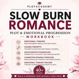 May include: A workbook titled "SLOW BURN ROMANCE" with the text "PLOT & EMOTIONAL PROGRESSION WORKBOOK." The cover features pink floral illustrations and lists features like emotional tension, guided prompts, and relationship foundation. It has over 40 pages.