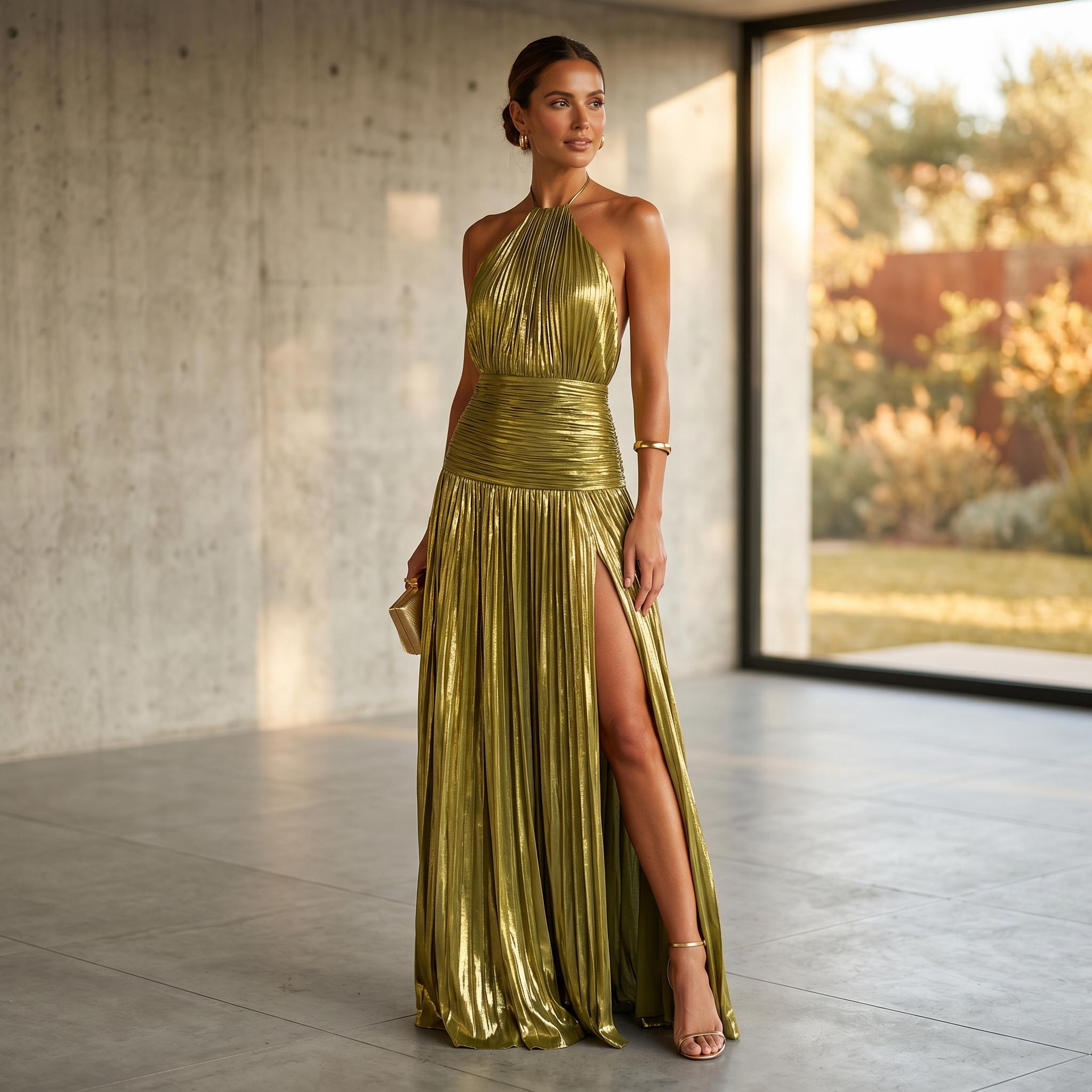 golden slit dress Queendancer Women Metallic Sheath Long Gold Formal Dress with Slit Off The  Shoulder Ruched Gala Dress – queendancer main image 0
