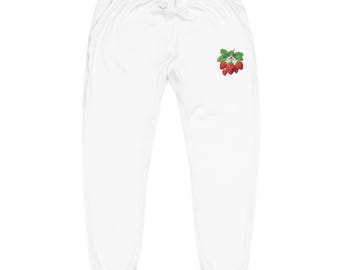 Embroidered Strawberry Sweatpants | Fleece Joggers, Seed Detail