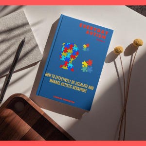以下が含まれることがあります： 「Everyday Autism, Volume 1」というタイトルの青い本で、「How to Effectively De-escalate and Manage Autistic Behaviors」というサブタイトルが付いています。表紙には、さまざまな色のパズルのピースのデザインが施されています。鉛筆と木製のトレイも表示されています。
