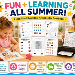 以下が含まれることがあります： 「FUN + LEARNING ALL SUMMER!」のテキストが入った、未就学児向けのカラフルな教育活動セット。ビーチのシーンを塗り絵する子供と、夏をテーマにした様々なエクササイズシートが写っています。