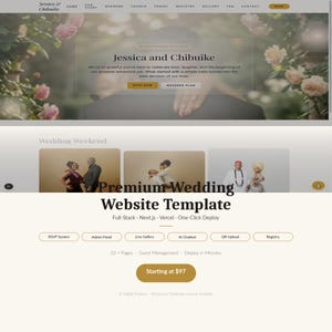 May include: A website template for weddings, featuring the names "Jessica and Chibuike" at the top. The design includes images of couples and text such as "RSVP Now" and "Wedding Weekend". The template is described as premium.