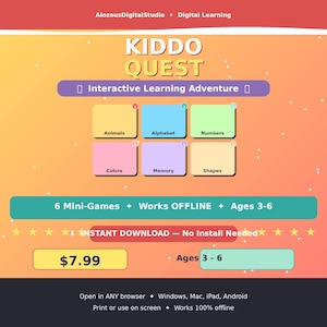 May include: A digital advertisement for "Kiddo Quest," an interactive learning adventure for ages 3-6. The image features colorful blocks for Animals, Alphabet, Numbers, Colors, Memory, and Shapes. The ad highlights 6 mini-games, offline functionality, and instant download.