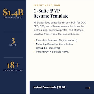 May include: A navy blue and white graphic promoting an executive resume template. The text includes "C-Suite & VP Resume Template", "Executive Resume", "Cover Letter", and "Board Bio Framework". The graphic also shows "$1.4B Revenue Led", "3 Exits", and "18+ Yrs Executive".
