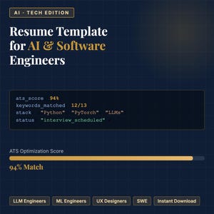 May include: A dark blue graphic with the text "Resume Template for AI & Software Engineers." The image includes a section showing an ATS score of 94% and keywords matched 12/13. Buttons at the bottom read "LLM Engineers" and "Instant Download."