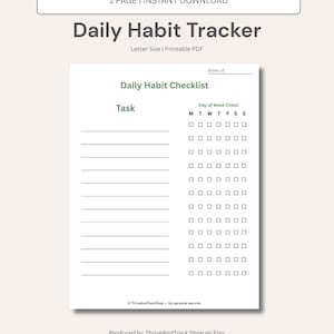 Peut inclure: Un suivi d'habitudes quotidien imprimable blanc avec le texte "Daily Habit Tracker" et "Daily Habit Checklist". Le suivi comprend un espace pour les tâches et une grille de contrôle hebdomadaire. Le document est au format lettre.