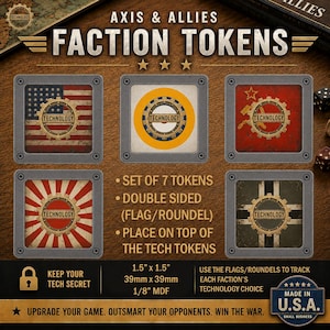 May include: A set of seven square Axis & Allies faction tokens measuring 1.5 inches by 1.5 inches. Each token features a central gear icon with the word TECHNOLOGY printed inside. The tokens display various national flags and roundels.