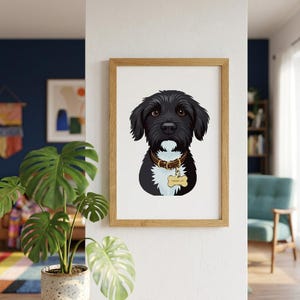 May include: A framed wall art print featuring a digital illustration of a black dog with white chest fur, wearing a brown collar and a bone-shaped tag that reads "LAKING CAT". The artwork is displayed in a light-colored wooden frame on a white wall.