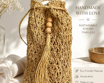 Handmade Raffia Crochet Bucket Bag, Boho Woven Summer Purse, Wooden Tassel Detail