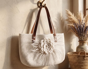 Handmade Raffia Crochet Tote Bag, Leather Straps, Boho Summer Shoulder Bag